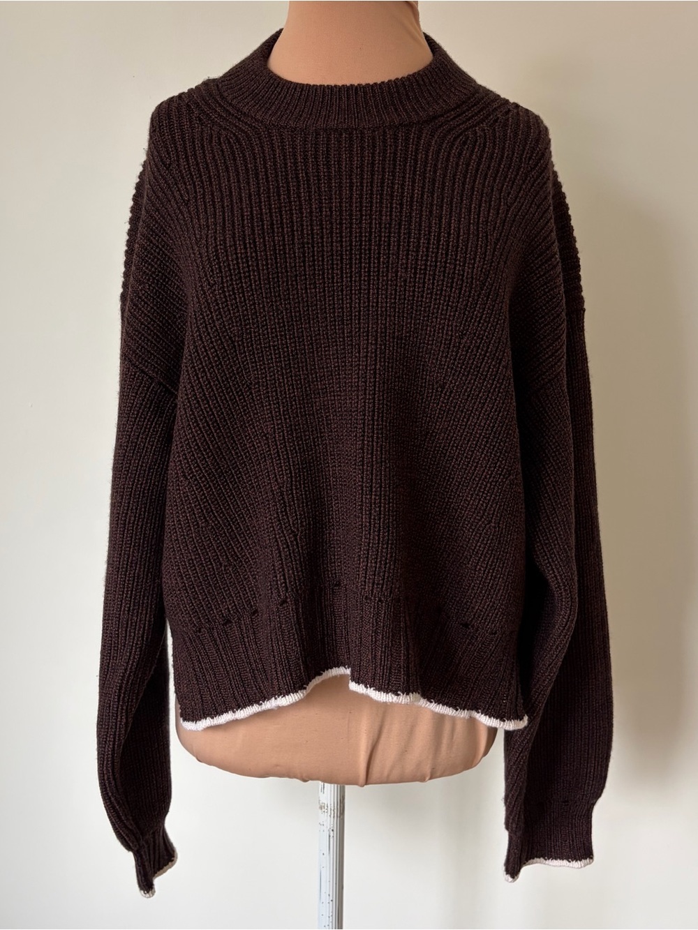 Proenza Schouler White Label Wool Cut-Out Knit Crewneck Brown Sweater EUC Size S